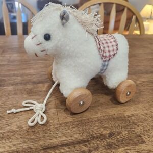 Vintage Eden Plush Pull Toy White Horse Pony On Wheels